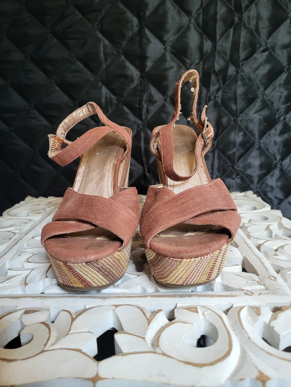BCBG Rust and Multi-Stripe Platform Wedge Sandals